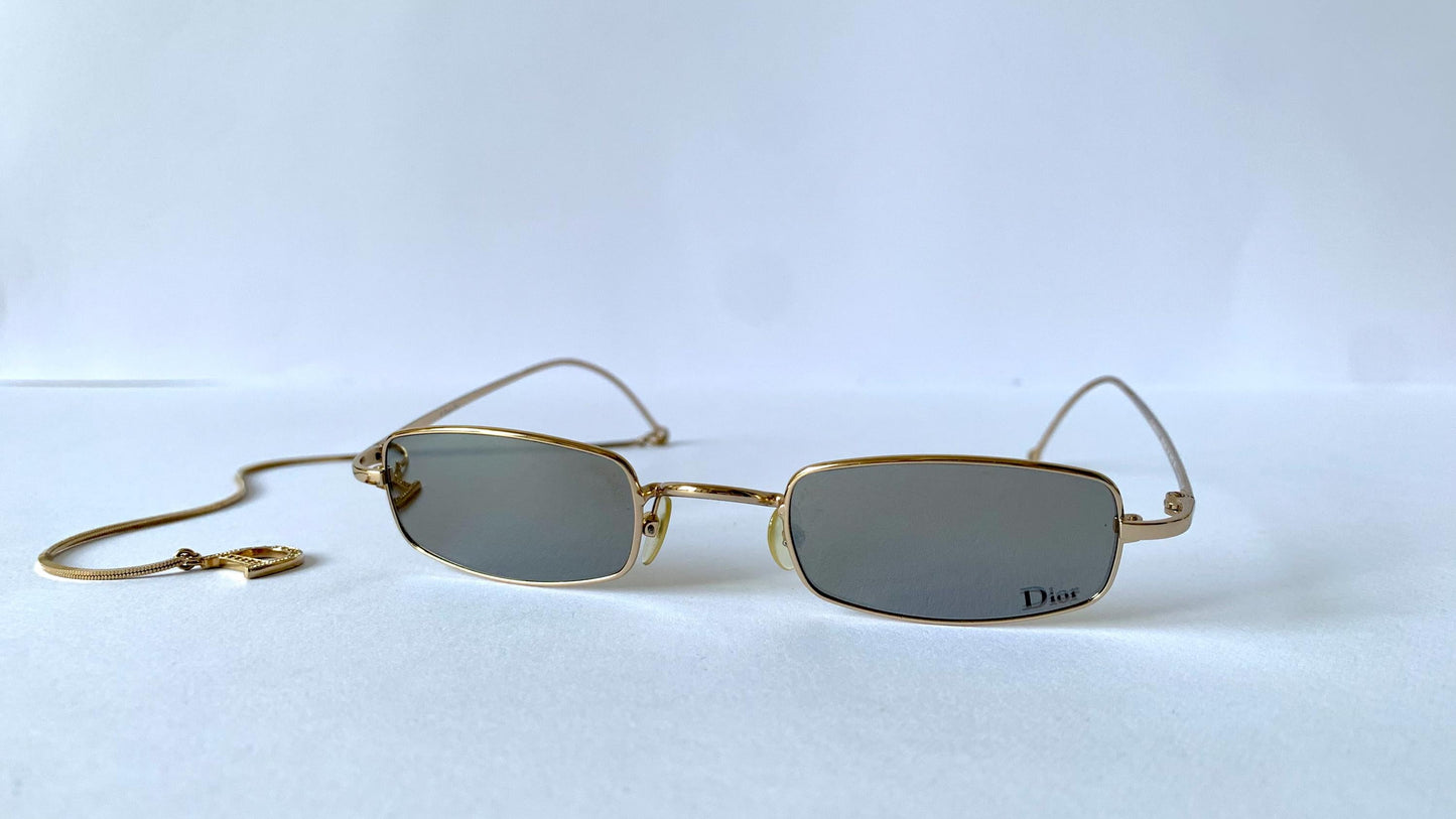 Christian Dior Hanoi vintage sunglasses - golden mirrored lenses with Dior logo charm chain