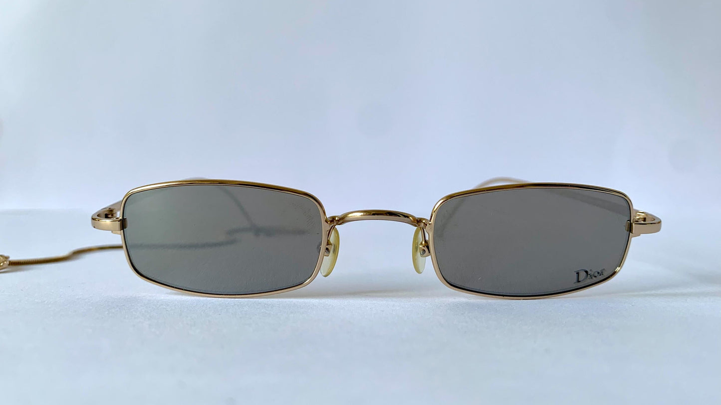 Christian Dior Hanoi vintage sunglasses - golden mirrored lenses with Dior logo charm chain