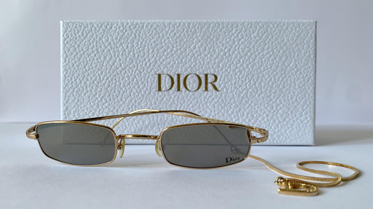 Christian Dior Hanoi vintage sunglasses - golden mirrored lenses with Dior logo charm chain
