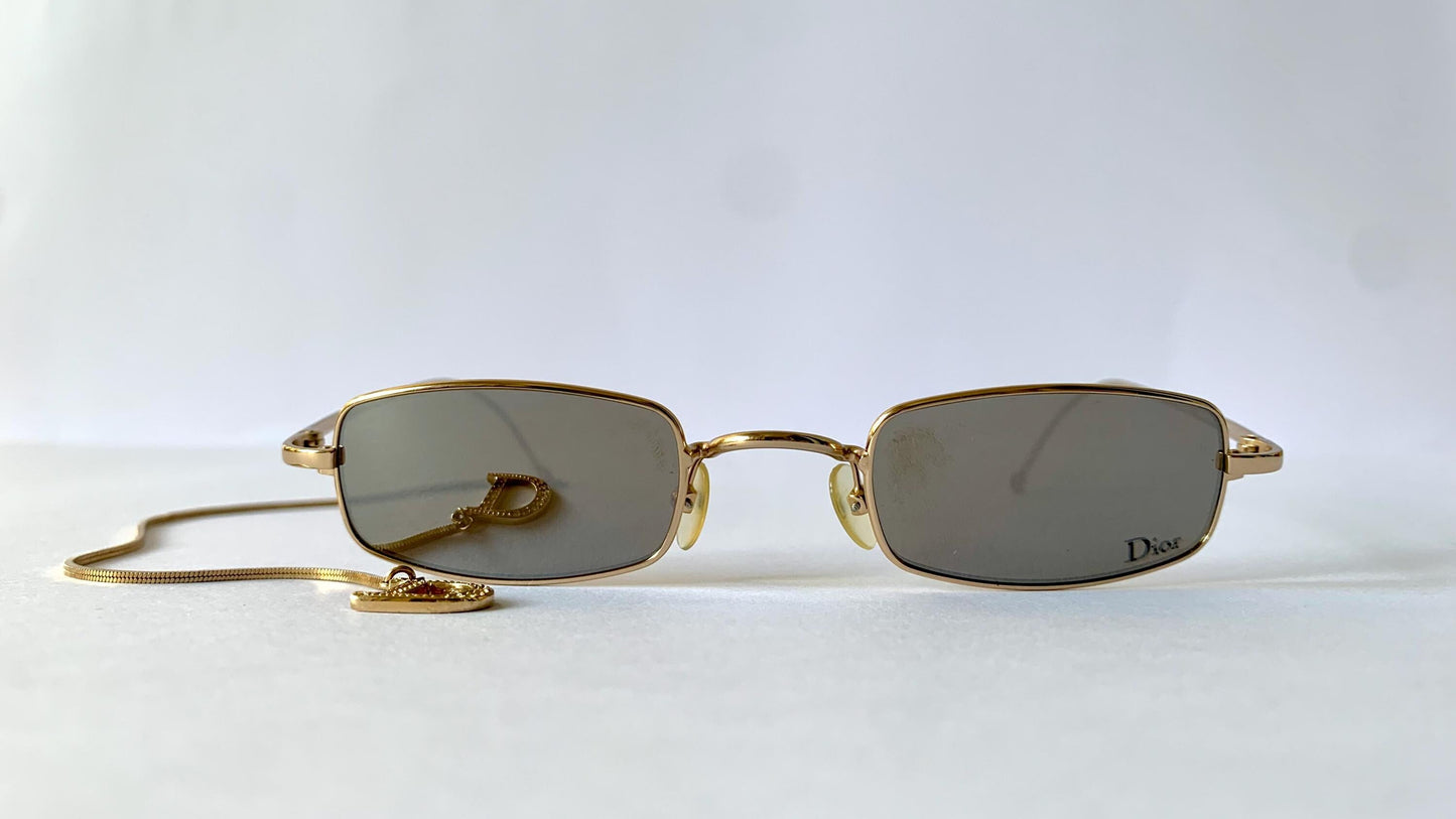 Christian Dior Hanoi vintage sunglasses - golden mirrored lenses with Dior logo charm chain