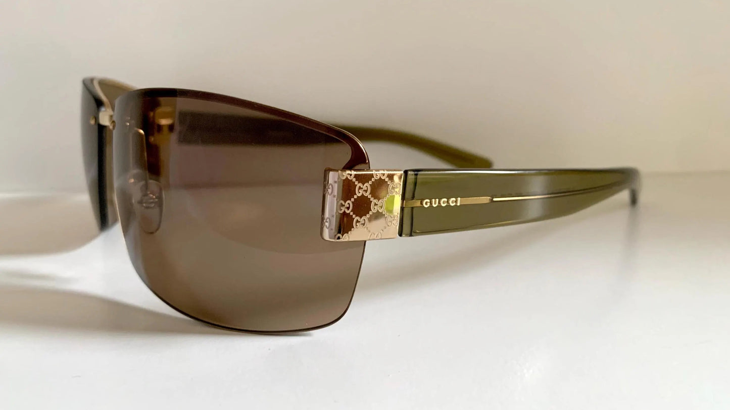 Gucci 00s vintage sunglasses - shield brown and green frame with Gucci logos