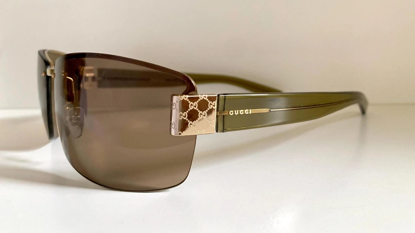 Gucci 00s vintage sunglasses - shield brown and green frame with Gucci logos