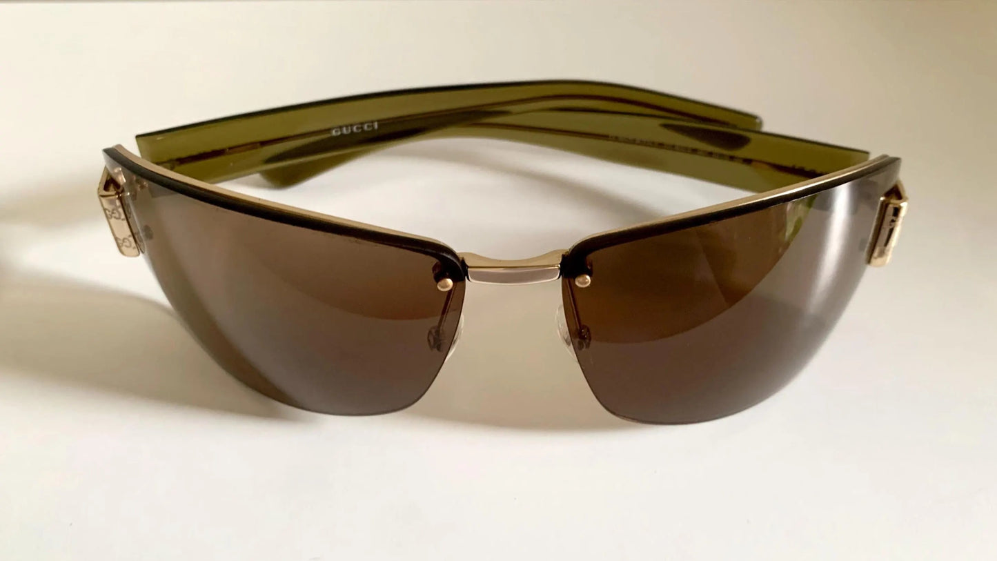 Gucci 00s vintage sunglasses - shield brown and green frame with Gucci logos