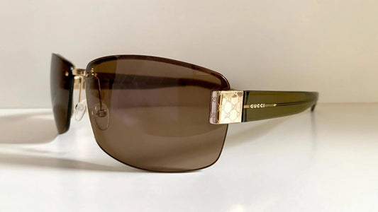 Gucci 00s vintage sunglasses - shield brown and green frame with Gucci logos
