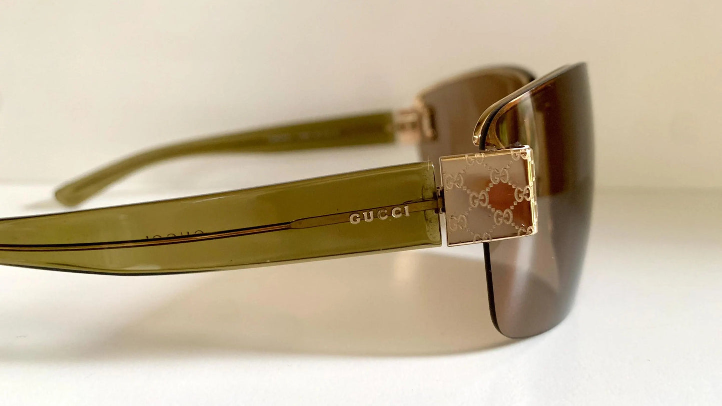 Gucci 00s vintage sunglasses - shield brown and green frame with Gucci logos