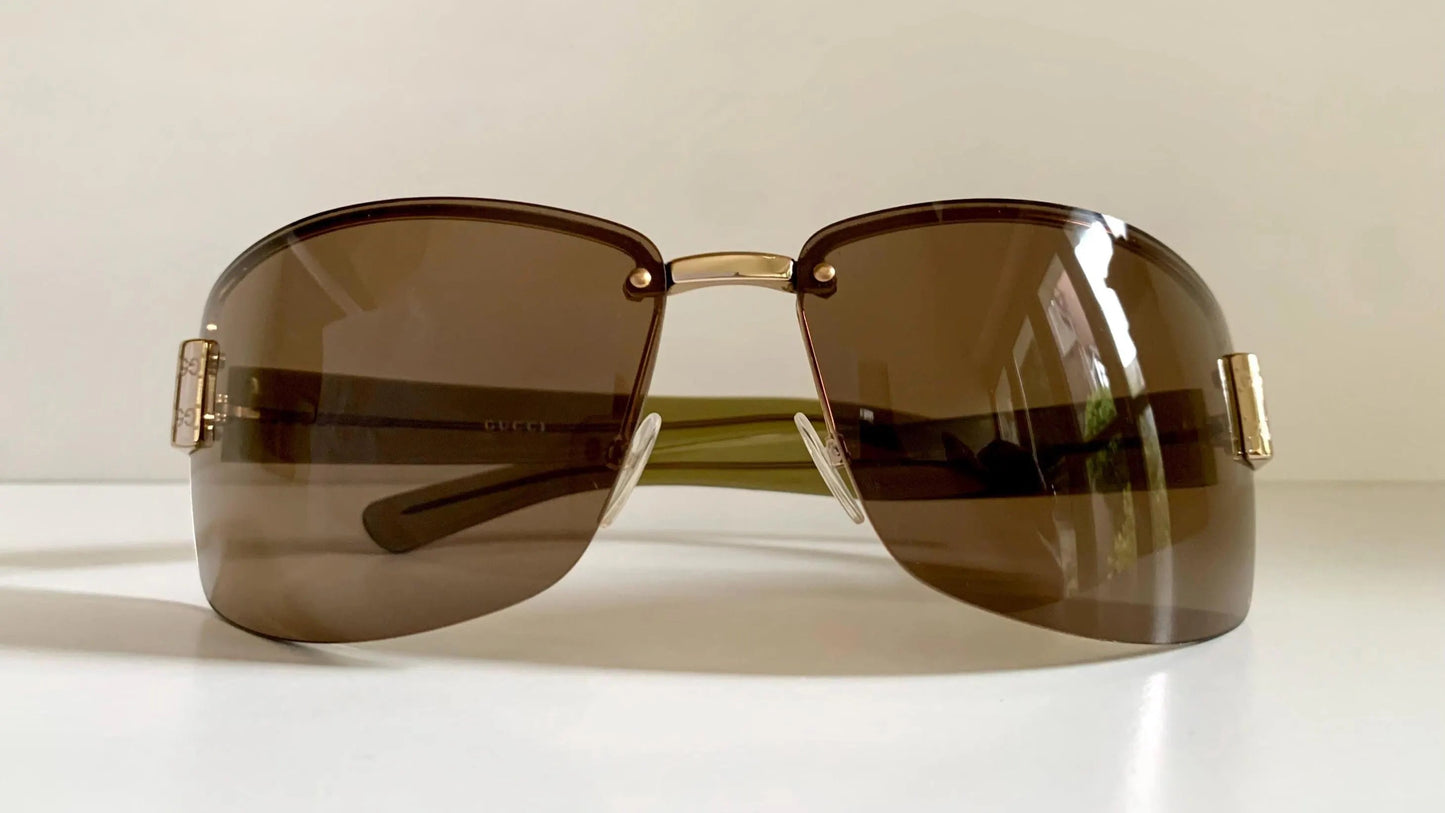 Gucci 00s vintage sunglasses - shield brown and green frame with Gucci logos