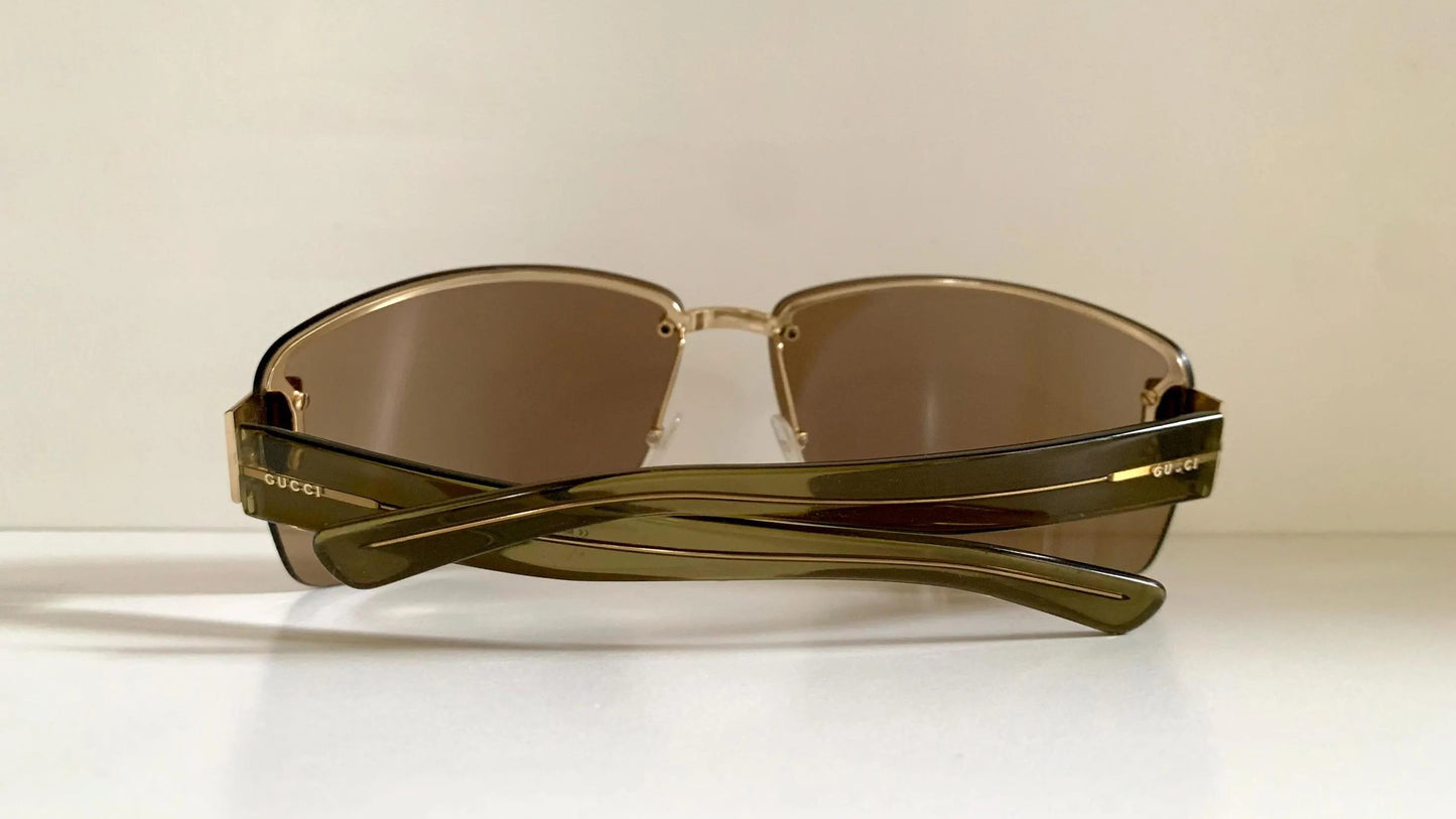 Gucci 00s vintage sunglasses - shield brown and green frame with Gucci logos