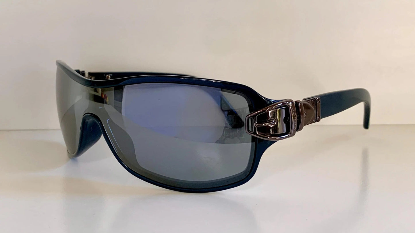 Gucci 90s vintage sunglasses - blue mirrored shield frame with buckle logos
