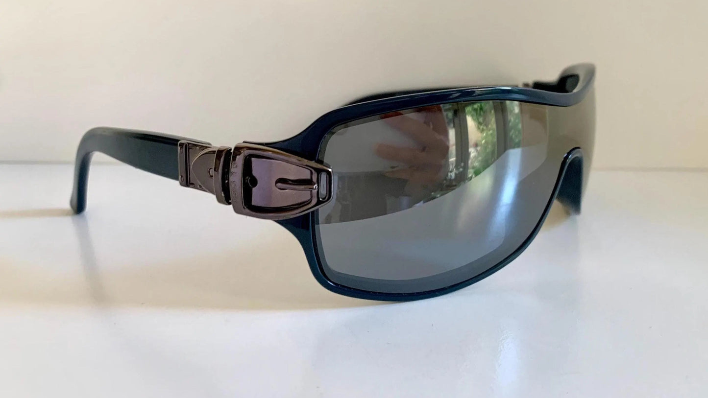 Gucci 90s vintage sunglasses - blue mirrored shield frame with buckle logos