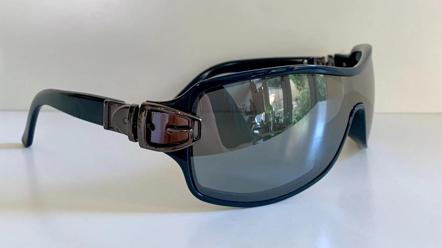Gucci 90s vintage sunglasses - blue mirrored shield frame with buckle logos
