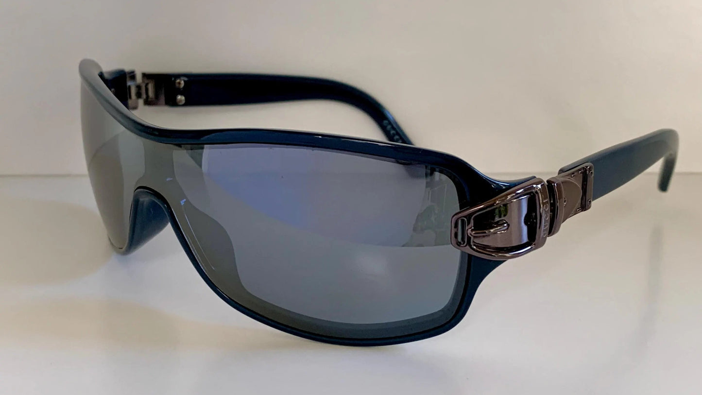 Gucci 90s vintage sunglasses - blue mirrored shield frame with buckle logos