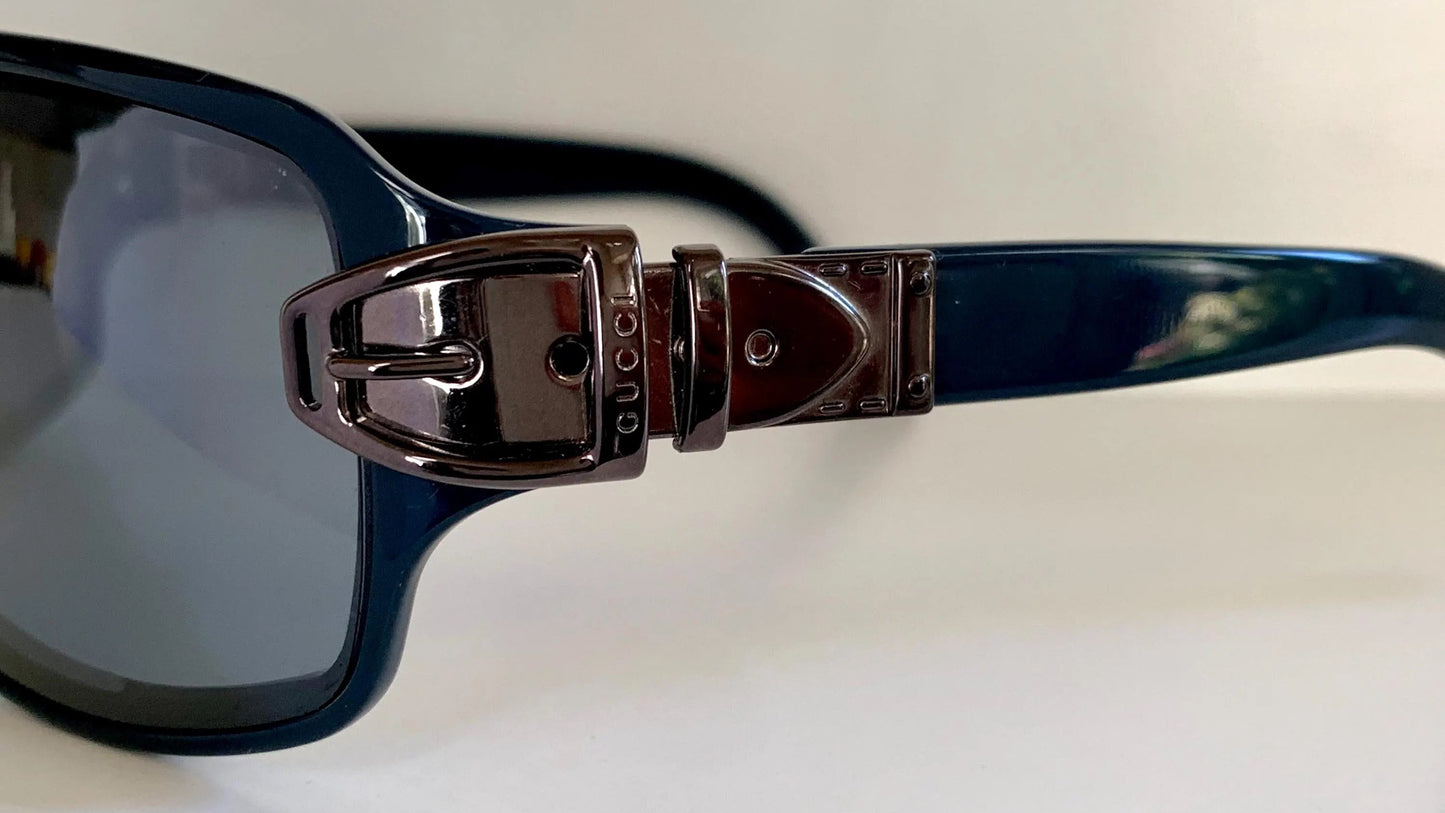 Gucci 90s vintage sunglasses - blue mirrored shield frame with buckle logos