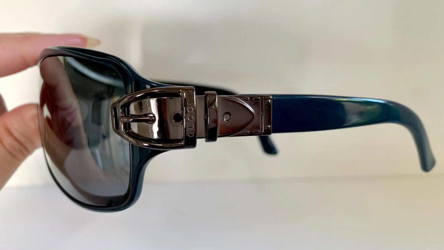 Gucci 90s vintage sunglasses - blue mirrored shield frame with buckle logos