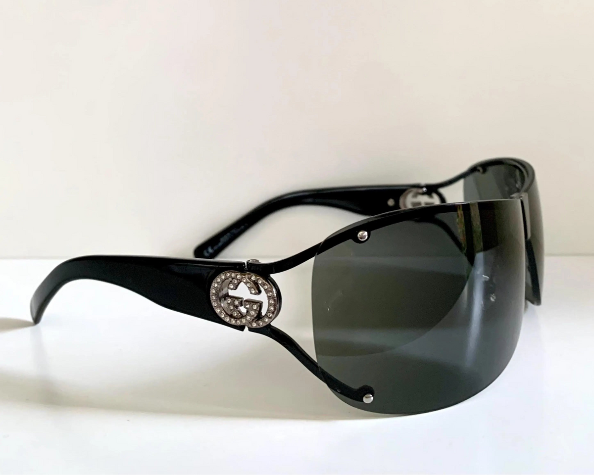 Gucci 00s vintage sunglasses - black rimless shield frame with strass logos