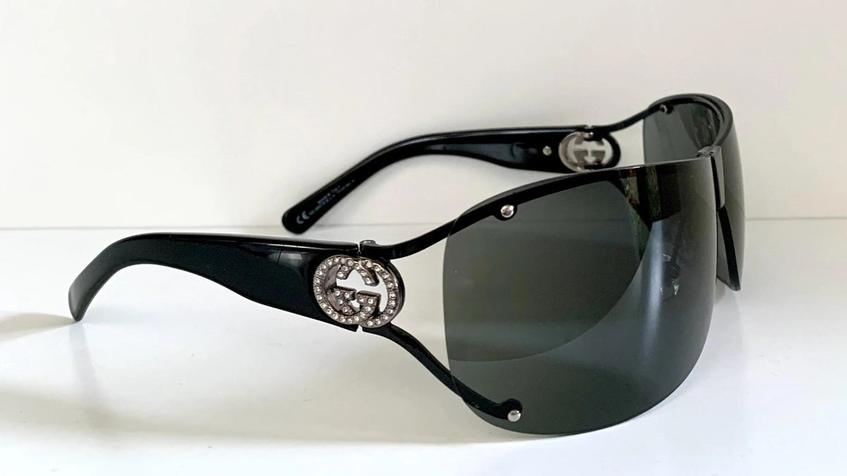 Gucci 00s vintage sunglasses - black rimless shield frame with strass logos