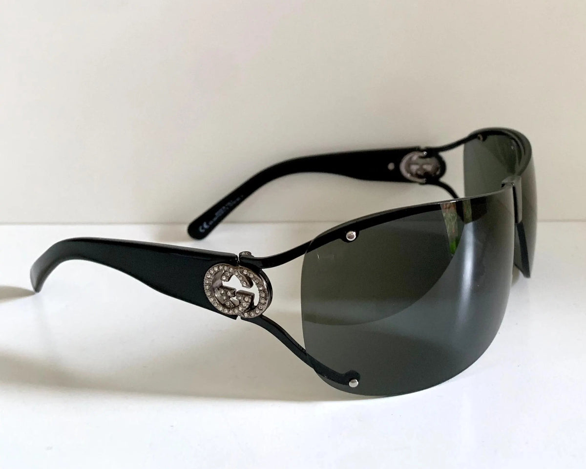 Gucci 00s vintage sunglasses - black rimless shield frame with strass logos