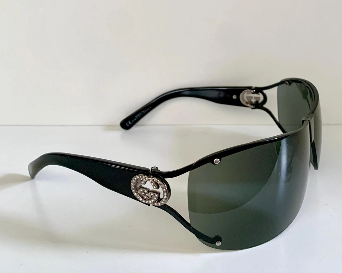 Gucci 00s vintage sunglasses - black rimless shield frame with strass logos