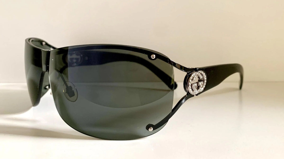Gucci 00s vintage sunglasses - black rimless shield frame with strass logos
