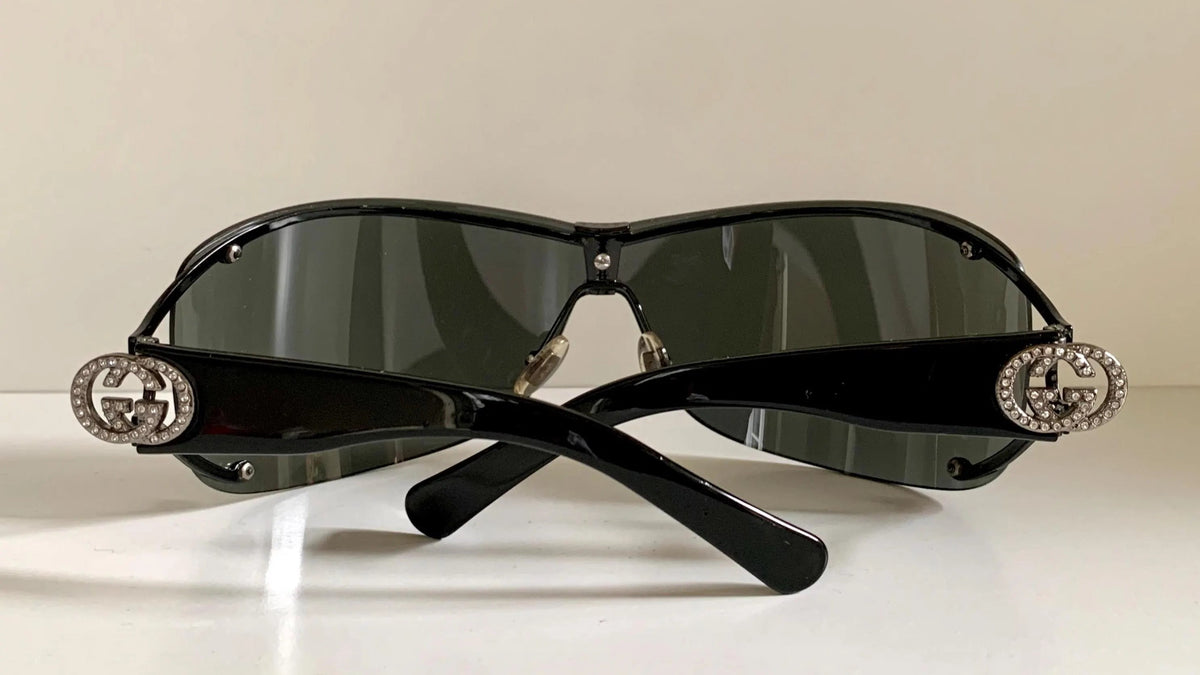 Gucci 00s vintage sunglasses - black rimless shield frame with strass logos