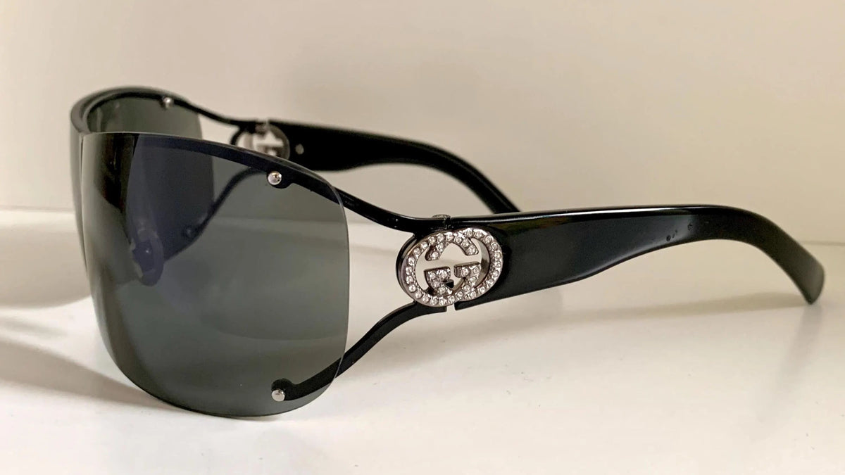Gucci 00s vintage sunglasses - black rimless shield frame with strass logos