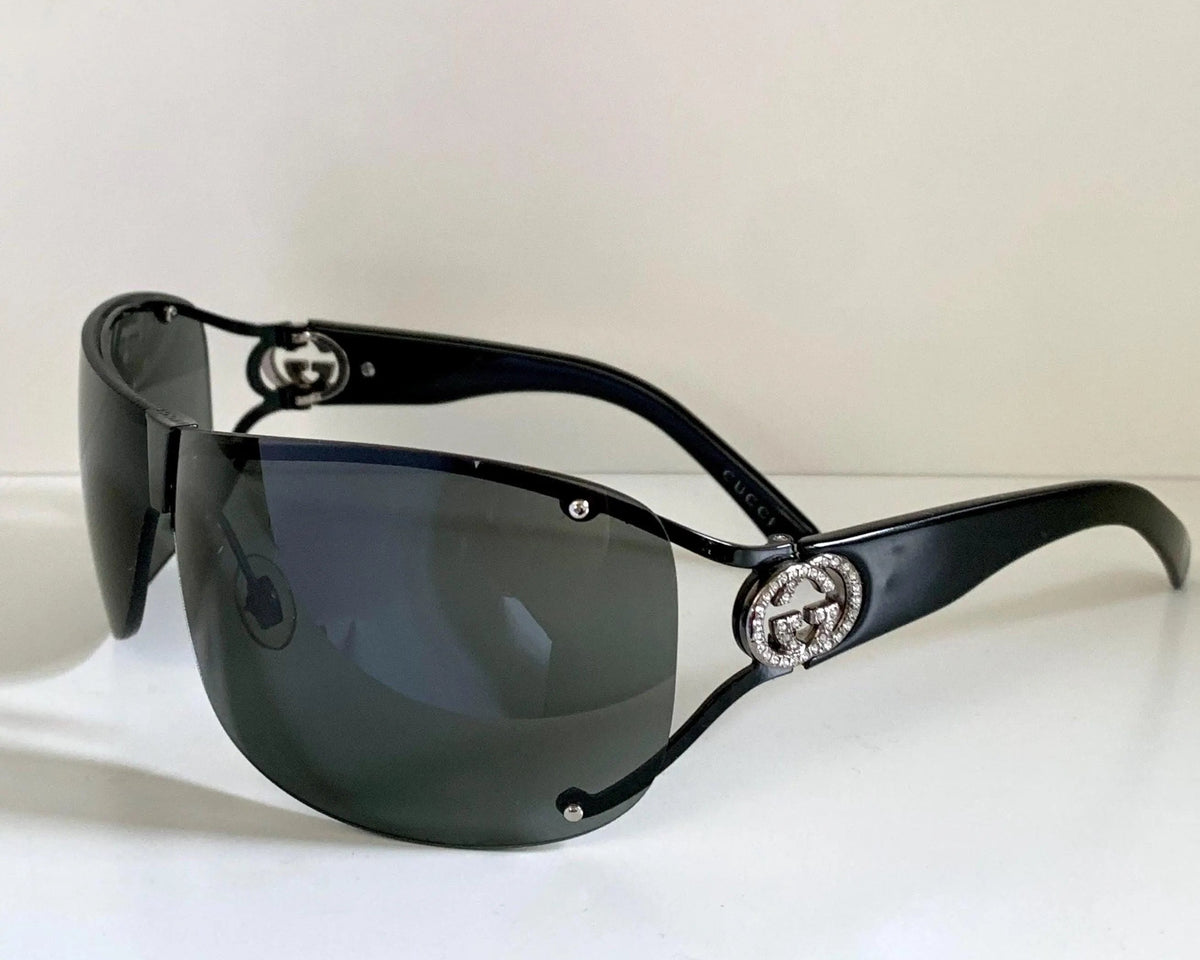 Gucci 00s vintage sunglasses - black rimless shield frame with strass logos